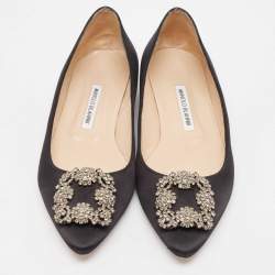 Pre Owned Manolo Blahnik Black Satin Hangisi Ballet Flats Size 39.5