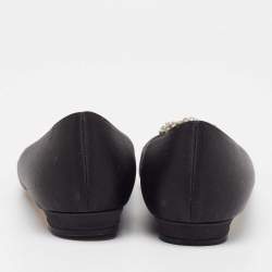 Pre Owned Manolo Blahnik Black Satin Hangisi Ballet Flats Size 39.5