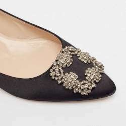 Pre Owned Manolo Blahnik Black Satin Hangisi Ballet Flats Size 39.5
