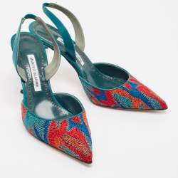 Pre Owned Manolo Blahnik Multicolor Fabric and Leather Pointed Toe Elastic Pumps Size 39.5