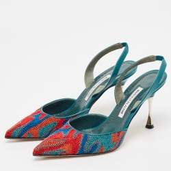 Pre Owned Manolo Blahnik Multicolor Fabric and Leather Pointed Toe Elastic Pumps Size 39.5