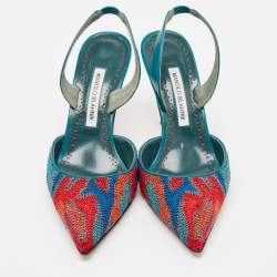 Pre Owned Manolo Blahnik Multicolor Fabric and Leather Pointed Toe Elastic Pumps Size 39.5