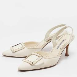 Pre Owned Manolo Blahnik Cream Canvas Maysli Pumps Size 39.5