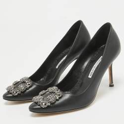 Pre Owned Manolo Blahnik Black Leather Hangisi Pumps Size 37.5