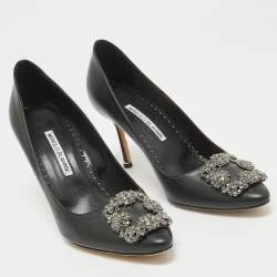 Pre Owned Manolo Blahnik Black Leather Hangisi Pumps Size 37.5