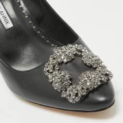 Pre Owned Manolo Blahnik Black Leather Hangisi Pumps Size 37.5