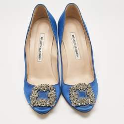 Manolo Blahnik Blue Satin Hangisi Pumps Size 37.5