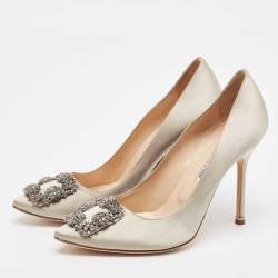 Pre Owned Manolo Blahnik Grey Satin Hangisi Pumps Size 39
