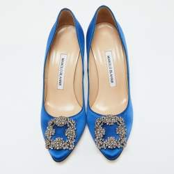 Pre Owned Manolo Blahnik Blue Satin Hangisi Pumps Size 37.5