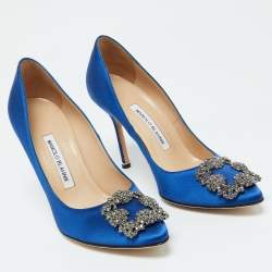 Pre Owned Manolo Blahnik Blue Satin Hangisi Pumps Size 37.5