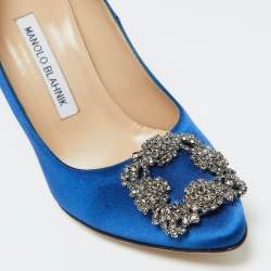 Pre Owned Manolo Blahnik Blue Satin Hangisi Pumps Size 37.5