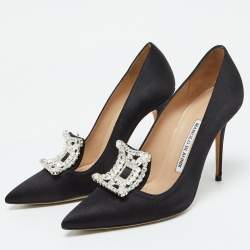 Pre Owned Manolo Blahnik Black Satin Borlak Crystal Embellished Pointed Toe Pumps Size 36.5