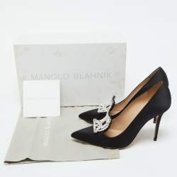 Pre Owned Manolo Blahnik Black Satin Borlak Crystal Embellished Pointed Toe Pumps Size 36.5