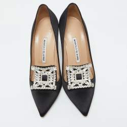 Pre Owned Manolo Blahnik Black Satin Borlak Crystal Embellished Pointed Toe Pumps Size 36.5