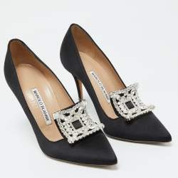 Pre Owned Manolo Blahnik Black Satin Borlak Crystal Embellished Pointed Toe Pumps Size 36.5