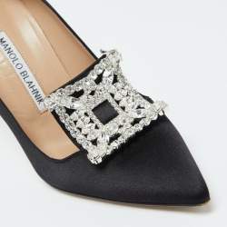 Pre Owned Manolo Blahnik Black Satin Borlak Crystal Embellished Pointed Toe Pumps Size 36.5