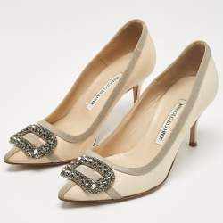 Pre Owned Manolo Blahnik Cream/Grey Canvas and Fabric Gotrian Pumps Size 36.5