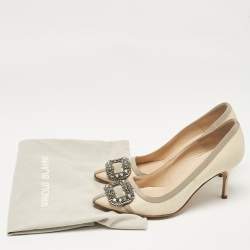 Pre Owned Manolo Blahnik Cream/Grey Canvas and Fabric Gotrian Pumps Size 36.5