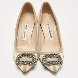 Pre Owned Manolo Blahnik Cream/Grey Canvas and Fabric Gotrian Pumps Size 36.5