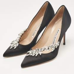 Pre Owned Manolo Blahnik Black Satin Nadira Pumps Size 34