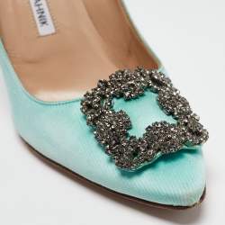 Pre Owned Manolo Blahnik Aqua Blue Satin Hangisi Pumps Size 38