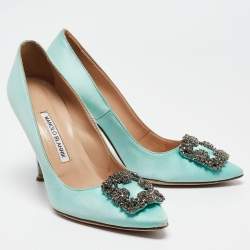 Pre Owned Manolo Blahnik Aqua Blue Satin Hangisi Pumps Size 38