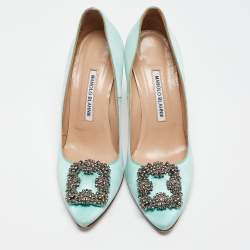 Pre Owned Manolo Blahnik Aqua Blue Satin Hangisi Pumps Size 38