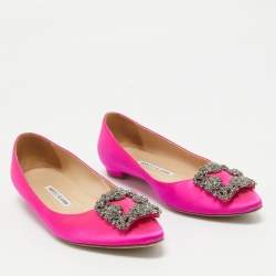 Pre Owned Manolo Blahnik Pink Satin Hangisi Ballet Flats Size 37.5