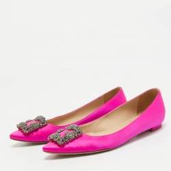 Pre Owned Manolo Blahnik Pink Satin Hangisi Ballet Flats Size 37.5