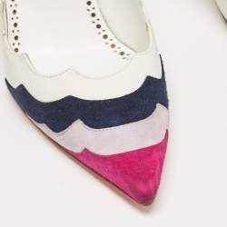 Manolo Blahnik White/Tricolor Leather and Suede Pointed Toe Pumps Size 37.5