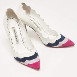 Manolo Blahnik White/Tricolor Leather and Suede Pointed Toe Pumps Size 37.5