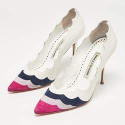 Manolo Blahnik White/Tricolor Leather and Suede Pointed Toe Pumps Size 37.5