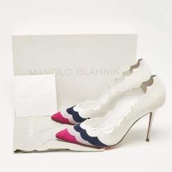 Manolo Blahnik White/Tricolor Leather and Suede Pointed Toe Pumps Size 37.5