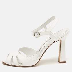 Pre Owned Manolo Blahnik White Patent Leather Ankle Strap Sandals Size 37