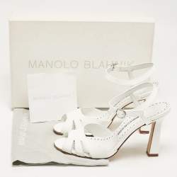 Pre Owned Manolo Blahnik White Patent Leather Ankle Strap Sandals Size 37