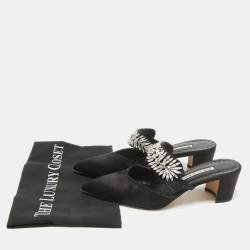 Pre Owned Manolo Blahnik Black Satin Crystal Embellished Mules Size 38
