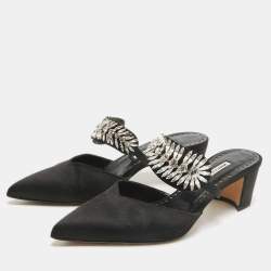 Pre Owned Manolo Blahnik Black Satin Crystal Embellished Mules Size 38