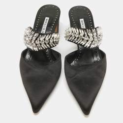 Pre Owned Manolo Blahnik Black Satin Crystal Embellished Mules Size 38