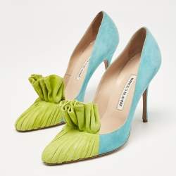 Pre Owned Manolo Blahnik Blue/Green Suede Frill Arleti Pumps Size 39