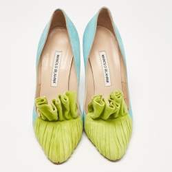 Pre Owned Manolo Blahnik Blue/Green Suede Frill Arleti Pumps Size 39