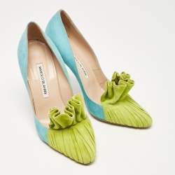 Pre Owned Manolo Blahnik Blue/Green Suede Frill Arleti Pumps Size 39