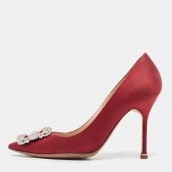 Pre Owned Manolo Blahnik Burgundy Satin Hangisi Pumps Size 36.5