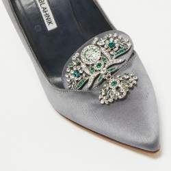 Manolo Blahnik Grey Satin Crystal Embellished Giralda Pumps Size 37