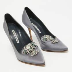 Manolo Blahnik Grey Satin Crystal Embellished Giralda Pumps Size 37