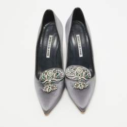 Manolo Blahnik Grey Satin Crystal Embellished Giralda Pumps Size 37