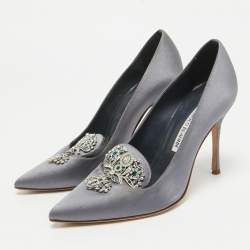 Manolo Blahnik Grey Satin Crystal Embellished Giralda Pumps Size 37