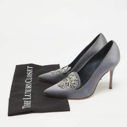 Manolo Blahnik Grey Satin Crystal Embellished Giralda Pumps Size 37