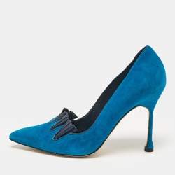 Manolo Blahnik Blue Leather Suede Pointed Toe Pumps Size 39