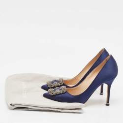 Pre Owned Manolo Blahnik Navy Blue Satin Hangisi Pumps Size 36