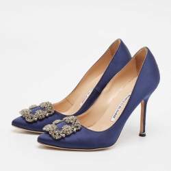 Pre Owned Manolo Blahnik Navy Blue Satin Hangisi Pumps Size 36